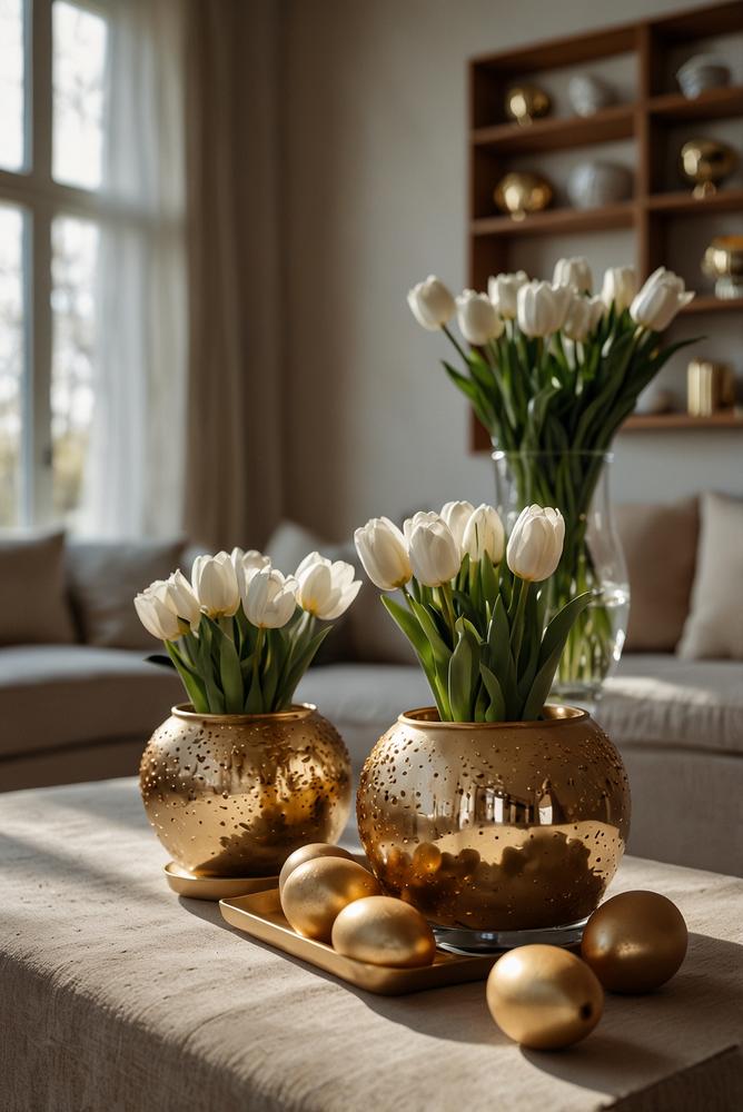 Luxuriöse Osterdeko Wohnzimmer mit goldenen Ostereiern
