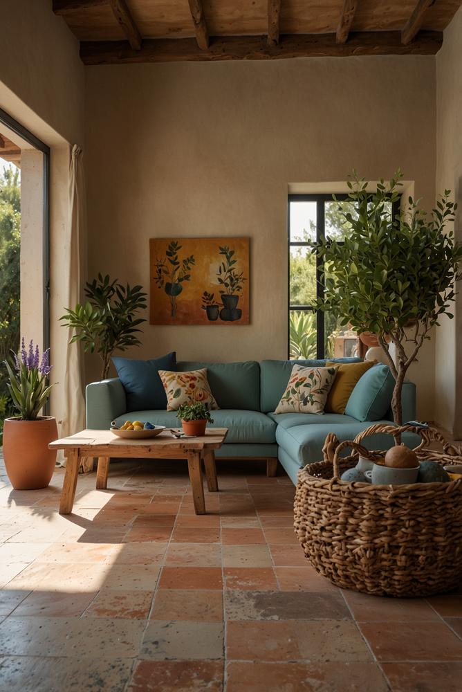 Lichtdurchfluteter mediterraner Wohnraum mit warmen Farben