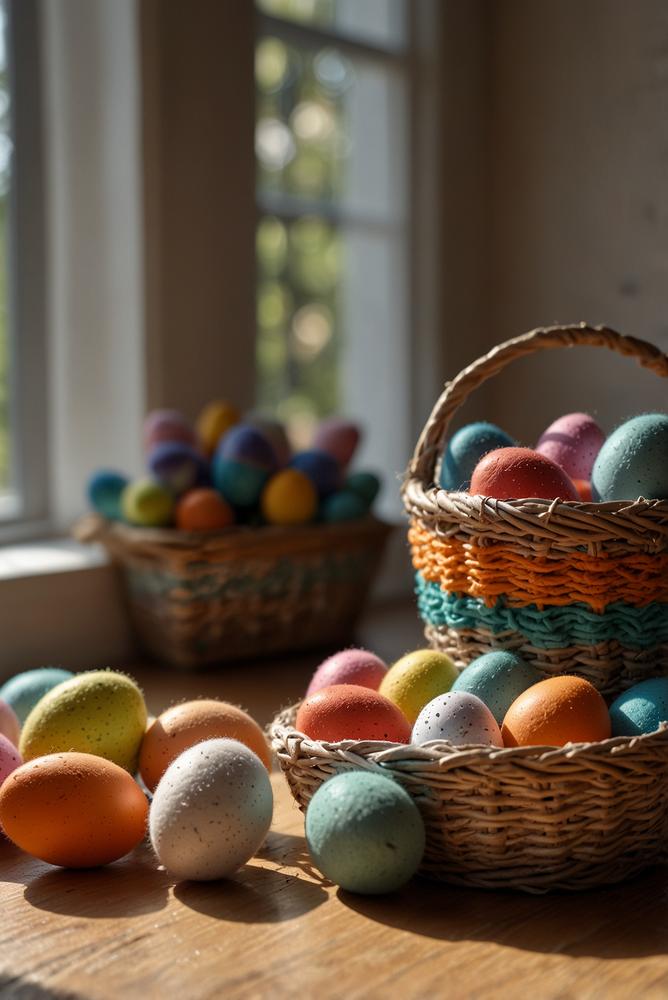 Helle Mini-Filzkoerbchen als Osterdekoration auf Tisch