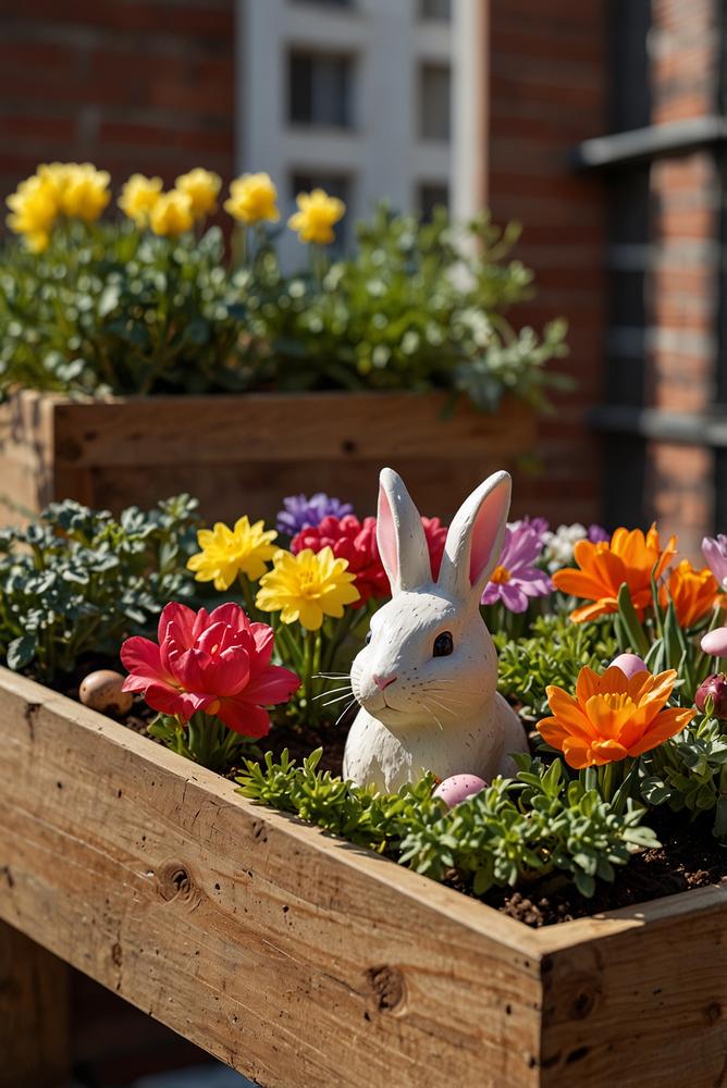 Mini-Osterhochbeet mit Frühlingsblumen und Osterdeko auf dem Balkon