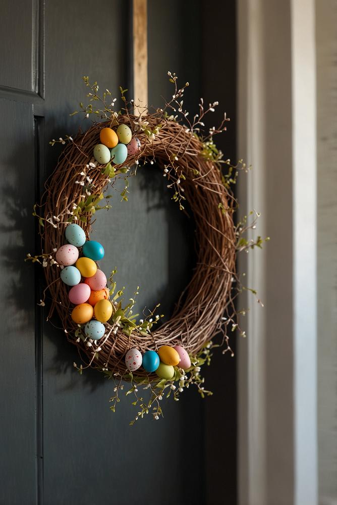 Helle und freundliche Eingangstuer mit Mini-Weidenkranz zu Ostern