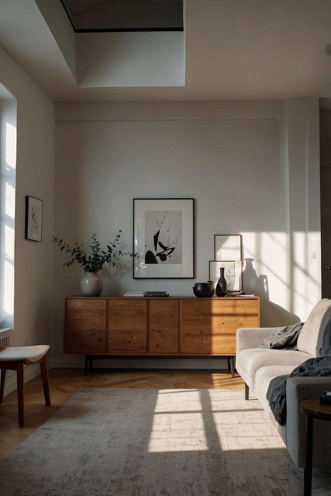 Helles minimalistisches Wohnzimmer mit viel Tageslicht