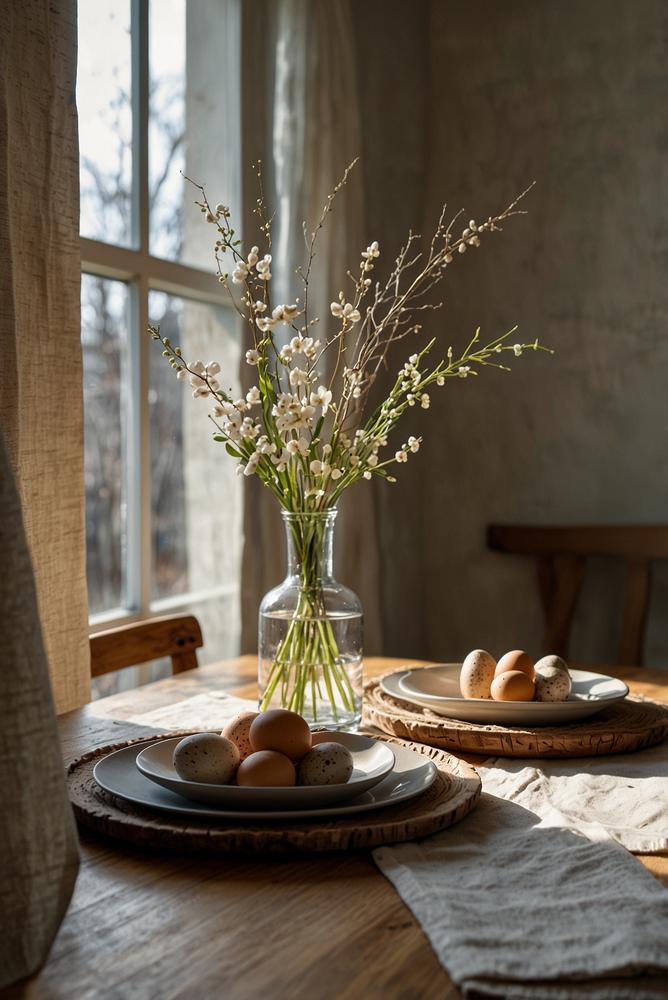 Minimalistische Oster-Tischdeko mit Naturmaterialien in hellem Raum