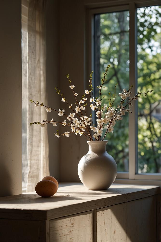 Minimalistische Osterdeko mit Zweigen am Fensterbrett