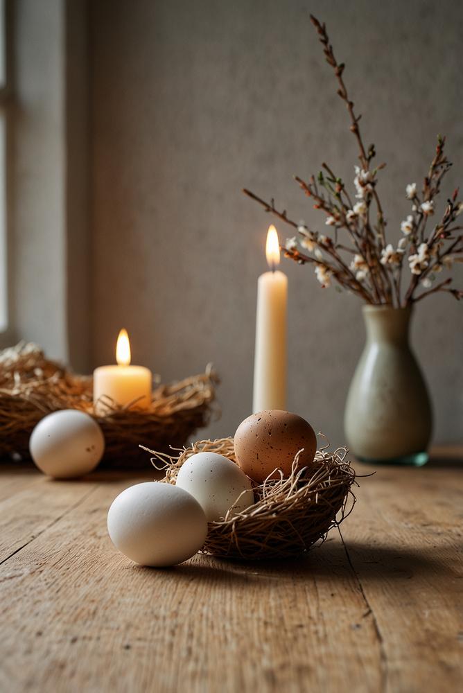 Minimalistische Osterdeko mit Kerzen und Nestern im Licht