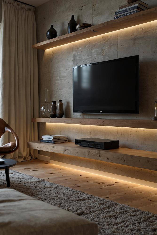 Minimalistische helle TV-Wand mit versteckten Kabeln im Raum