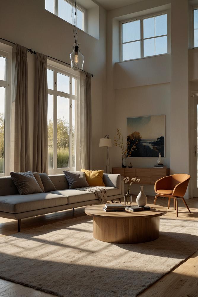 Helles, luftiges Wohnzimmer mit neuer Möbelanordnung