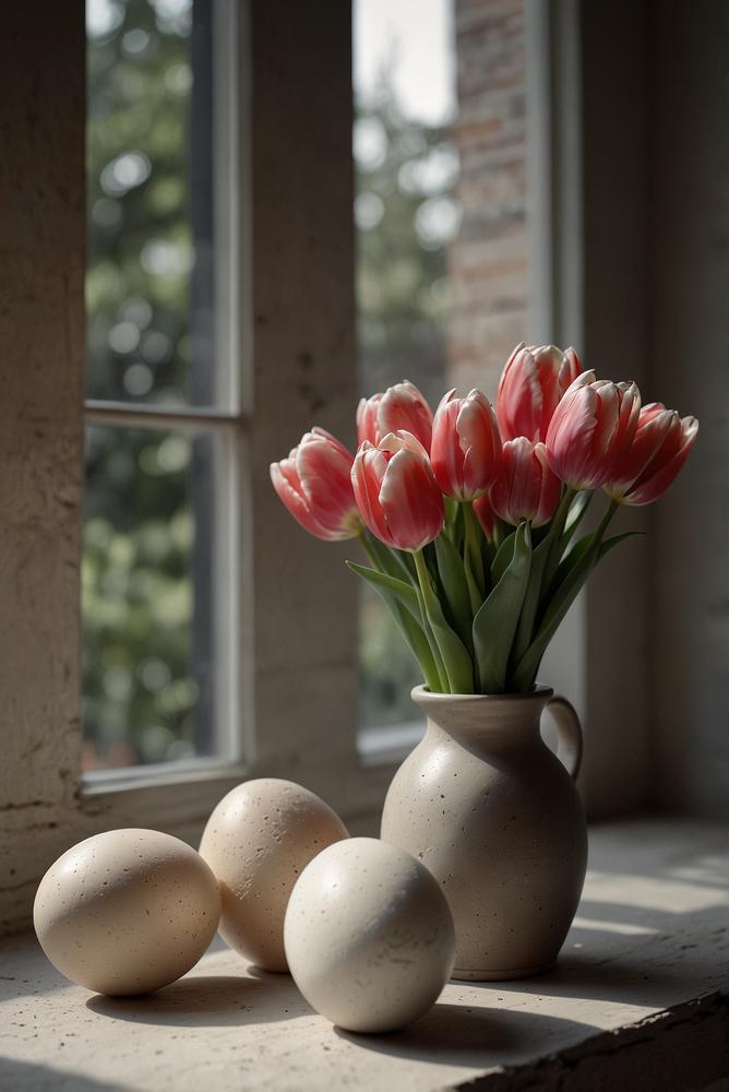 Monochrome Fensterbank mit Tulpen und matten Eiern hell und einladend