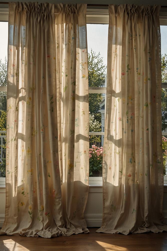 Helle Wohnzimmer mit Musselin-Vorhängen und sanftem Licht