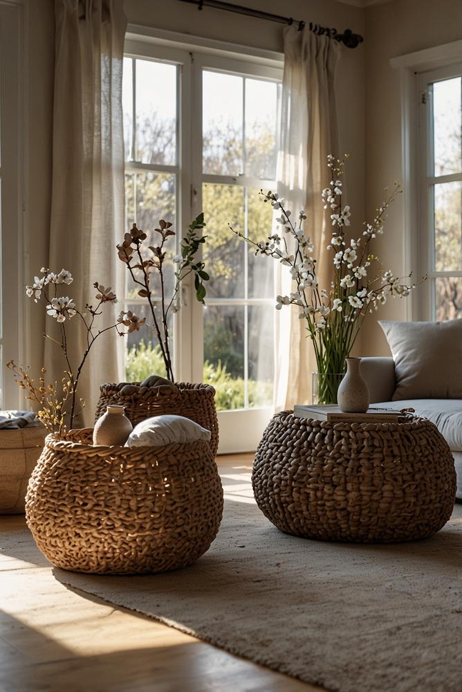 Heller Wohnraum mit nachhaltiger Frühlingsdeko aus Naturmaterialien
