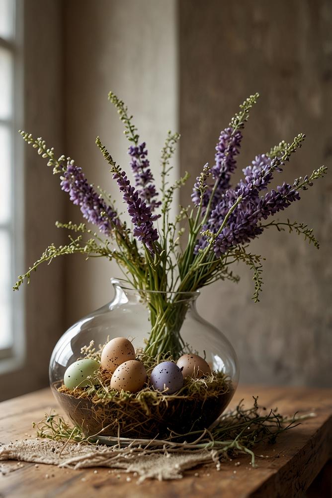 Glasvase mit getrockneten Blumen als nachhaltige Osterdeko