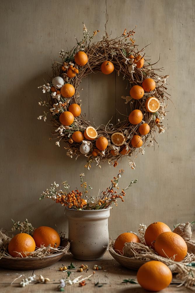 Helle nachhaltige Osterdeko mit getrockneten Orangenscheiben