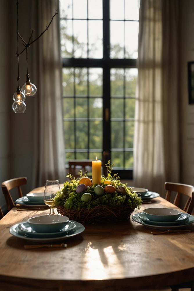 Heller Esstisch mit Moos und nachhaltigen Kerzen zur Osterdeko