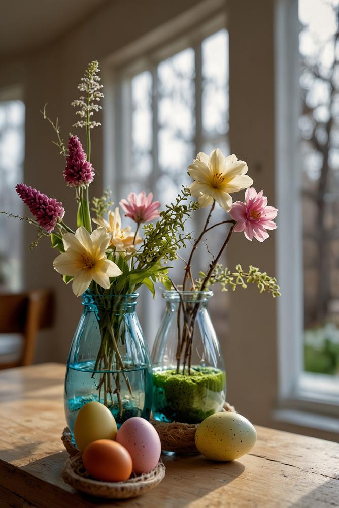 Upcycling Osterdeko mit glasvasen und naturmaterialien