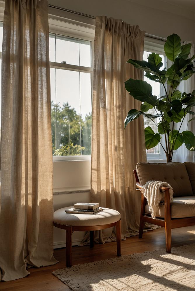 Helle nachhaltige Vorhänge aus Naturstoffen im Wohnzimmer