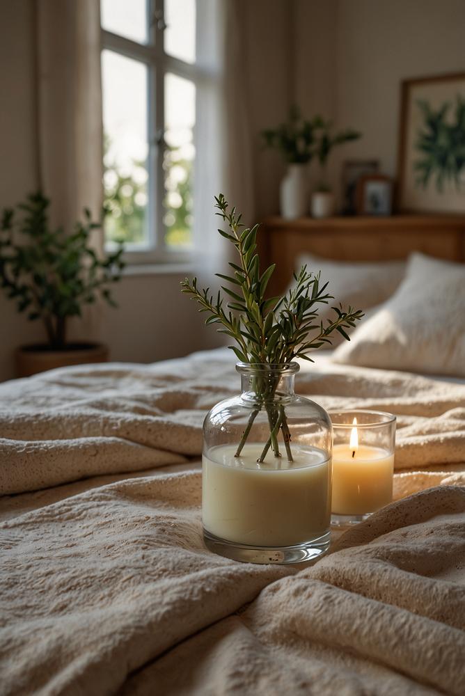 Helles Schlafzimmer mit natürlichen Düften und Kräutern