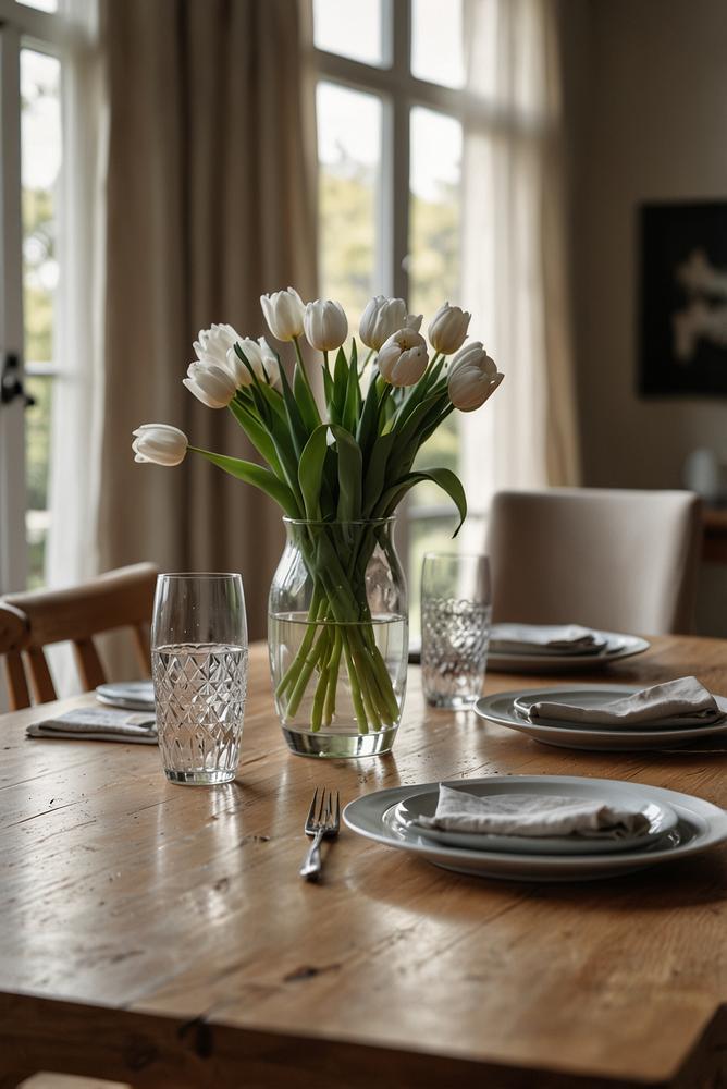 Helle, natürliche Tischdeko mit Blumen und Holz im Frühling
