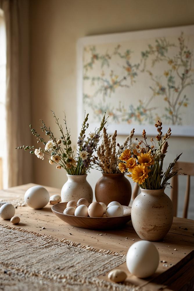 Hell und einladend dekorierter Raum mit getrockneten Blumen und Eierschalen