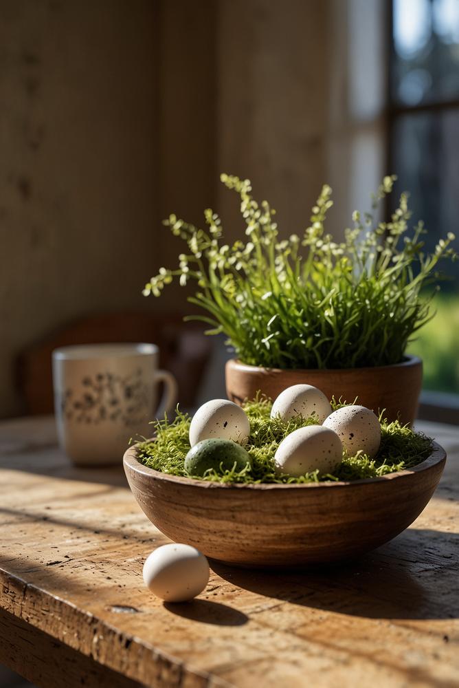 Natürliche Osterdeko mit Moos und echten Eiern in hellem Raum