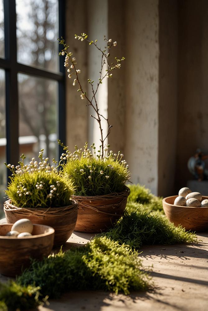 Balkon mit natuerlicher Osterdeko aus Zweigen und Moos