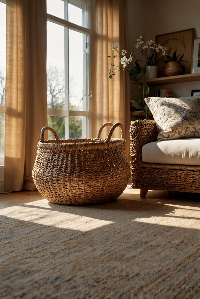 Heller Raum mit natürlichen Rattankoerben zur Aufbewahrung