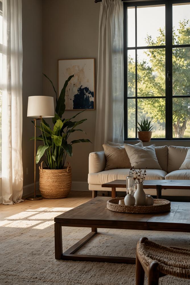 Helles, modernes Wohnzimmer mit natürlichen Texturen und minimalem Design