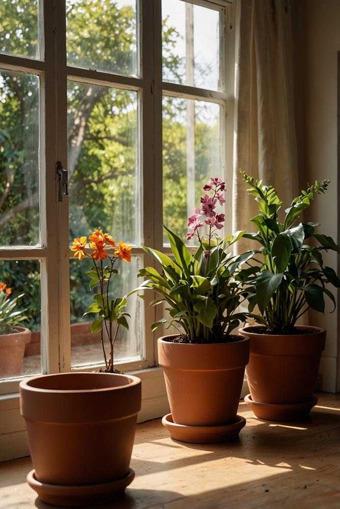 Helle Frühlingsdekoration mit Terrakottatöpfen und Pflanzen