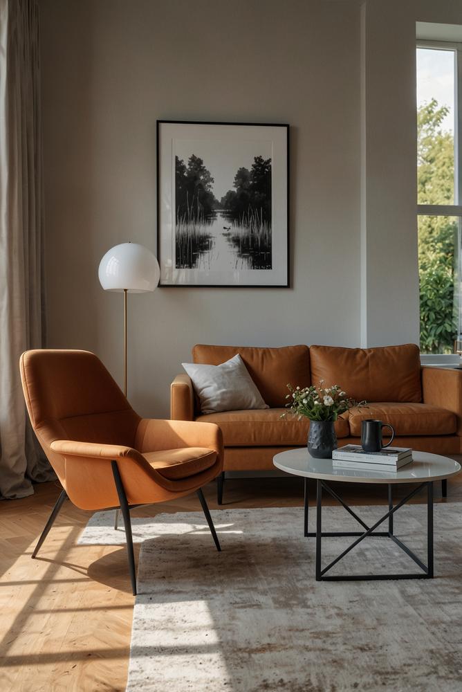 Helle Nesting-Beistelltische neben bequemem Sessel im Wohnzimmer