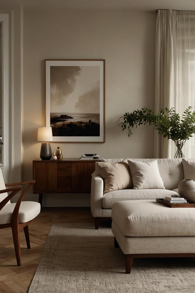 Helles Wohnzimmer mit neutraler Farbpalette und natürlichem Licht