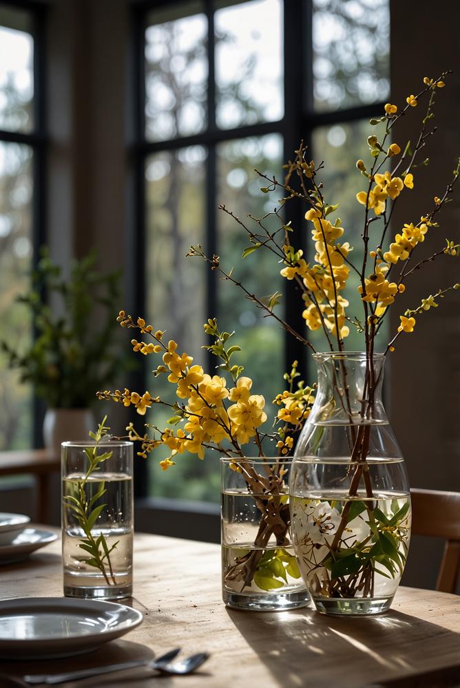 Moderne botanische Glas-Tischdeko mit Zweigen und Vasen