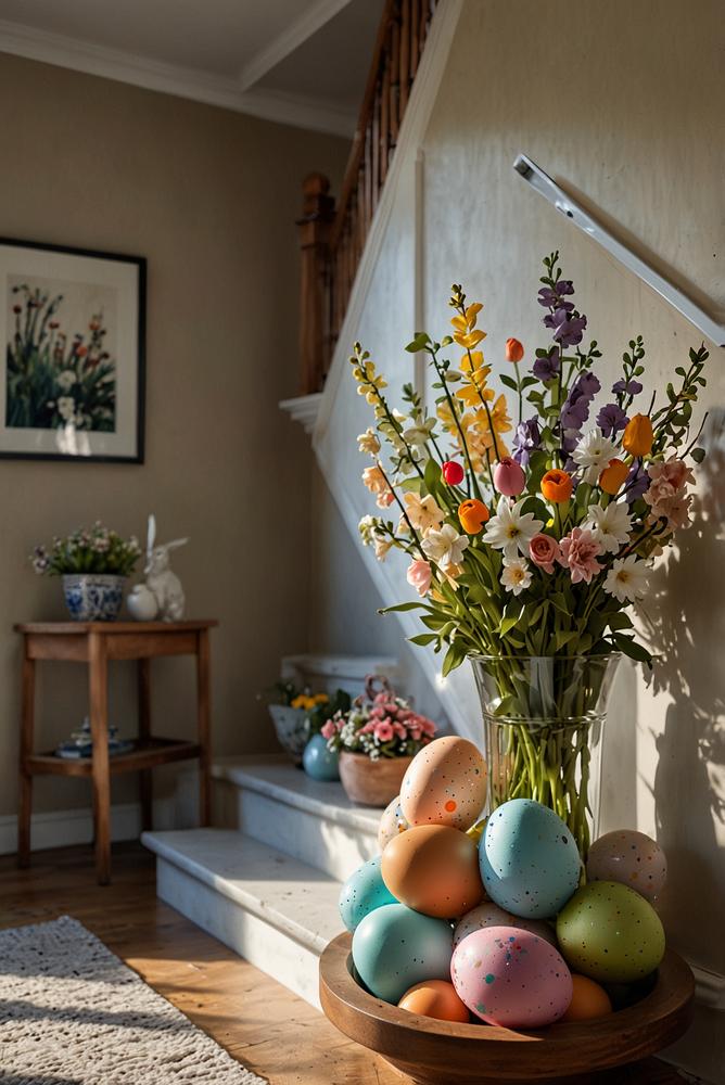 Bunte Oster-Girlande an heller Treppenbrüstung im Flur