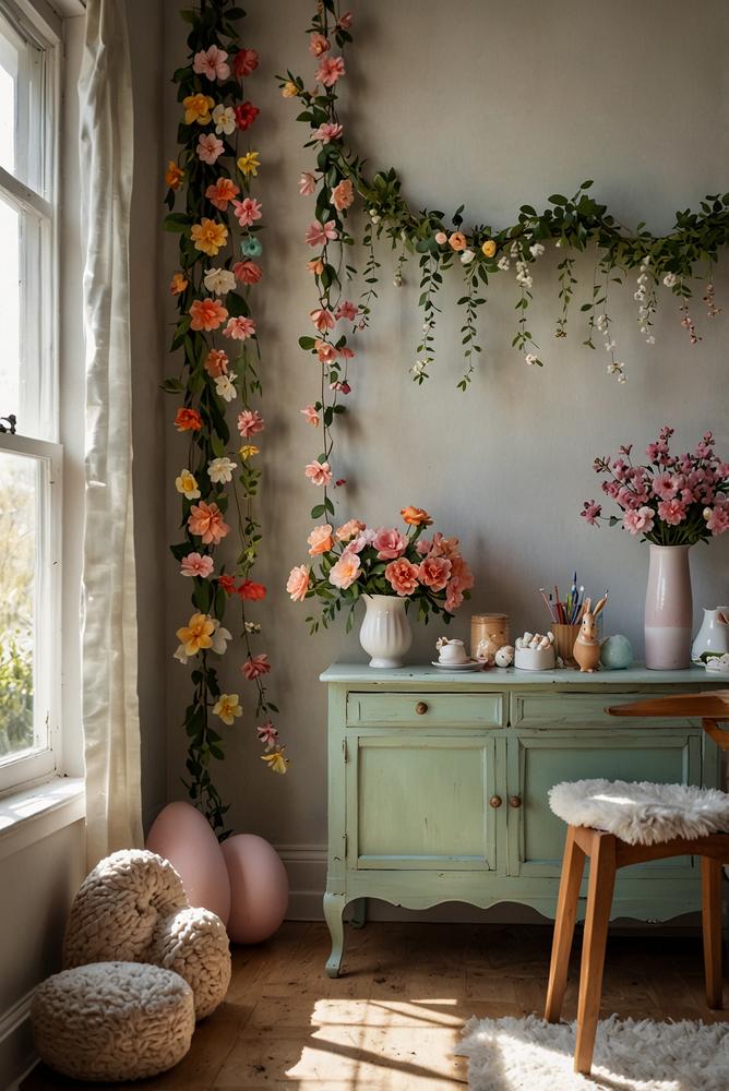 Oster-Girlanden mit Papierblumen und Zweigen in hellem Raum