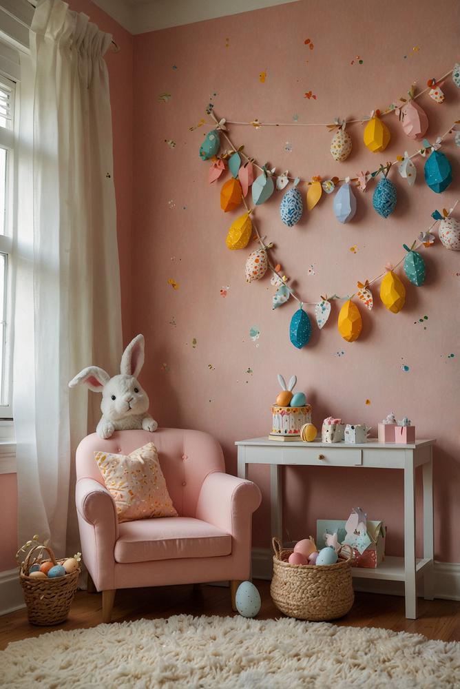 Kinderzimmer mit heller Oster-Wand und DIY-Eier-Girlande