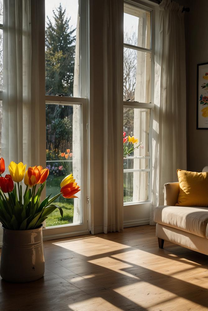 Helle Fensterdeko mit Papierblumen und Ostereiern