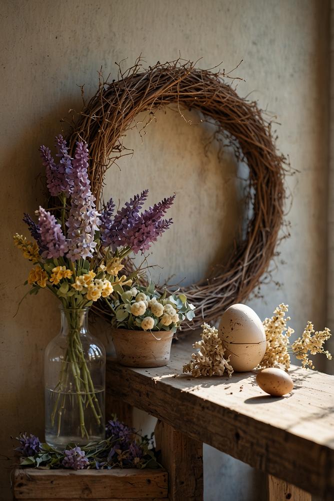 Helle Osterdeko aus getrockneten Blumen in sonnigem Raum