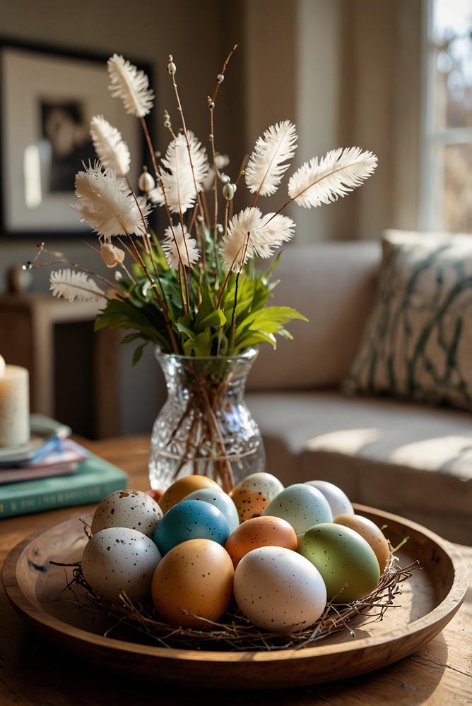 Glasvasen mit Federn und Eiern auf einem Couchtisch