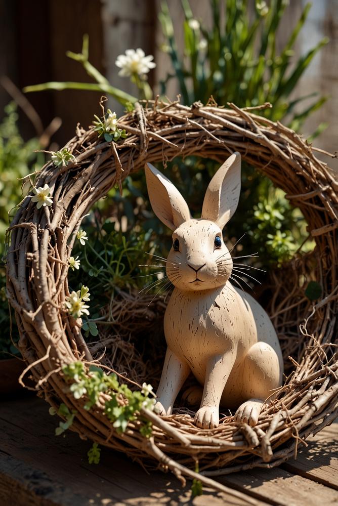 Nachhaltige Osterdeko mit Holzhasen und Zweigen im Garten