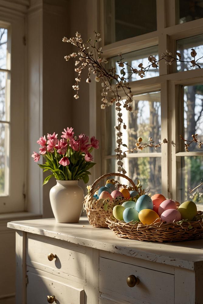 Küche mit hängenden Ostereiern an Griffen, hell und einladend