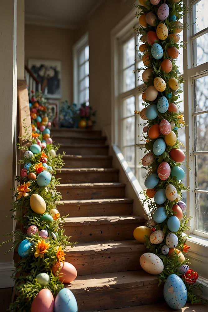 Treppe mit bunten Oster-Eier-Girlanden hell und freundlich beleuchtet