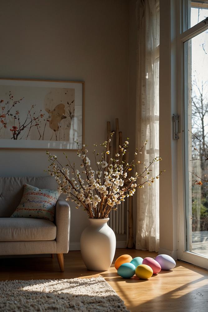 Osterdeko mit Zweigen und Birkenreisig im hellen Raum
