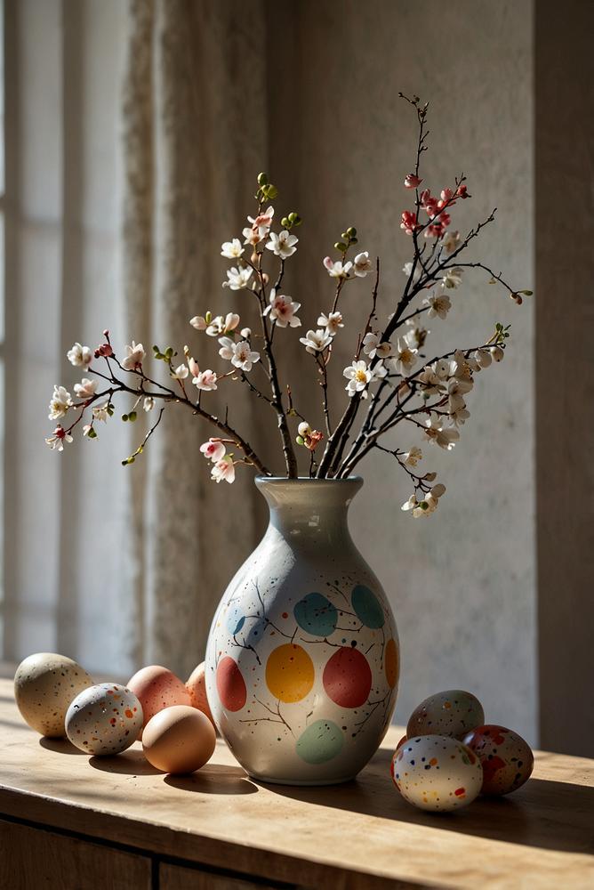 Zweigvase mit bunten, bemalten Ostereiern in heller Wohnumgebung