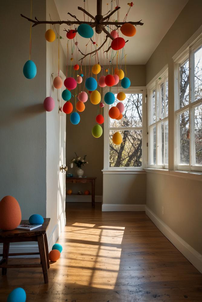 Helles Filz-Eier-Mobile an der Decke im Flur