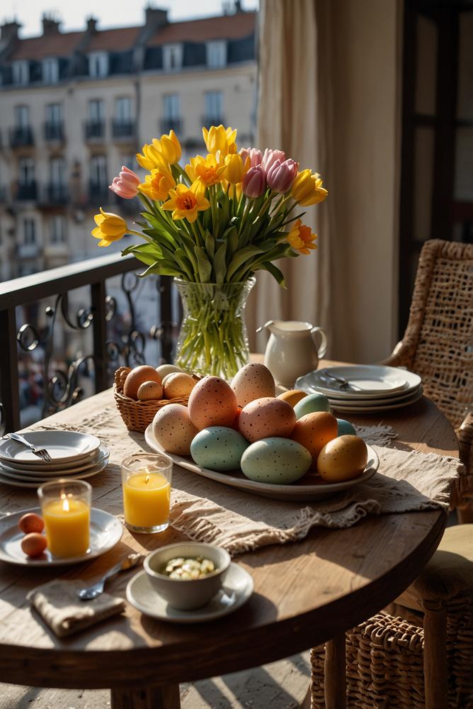 Helles Osterfrühstück mit Tischdeko auf Balkon