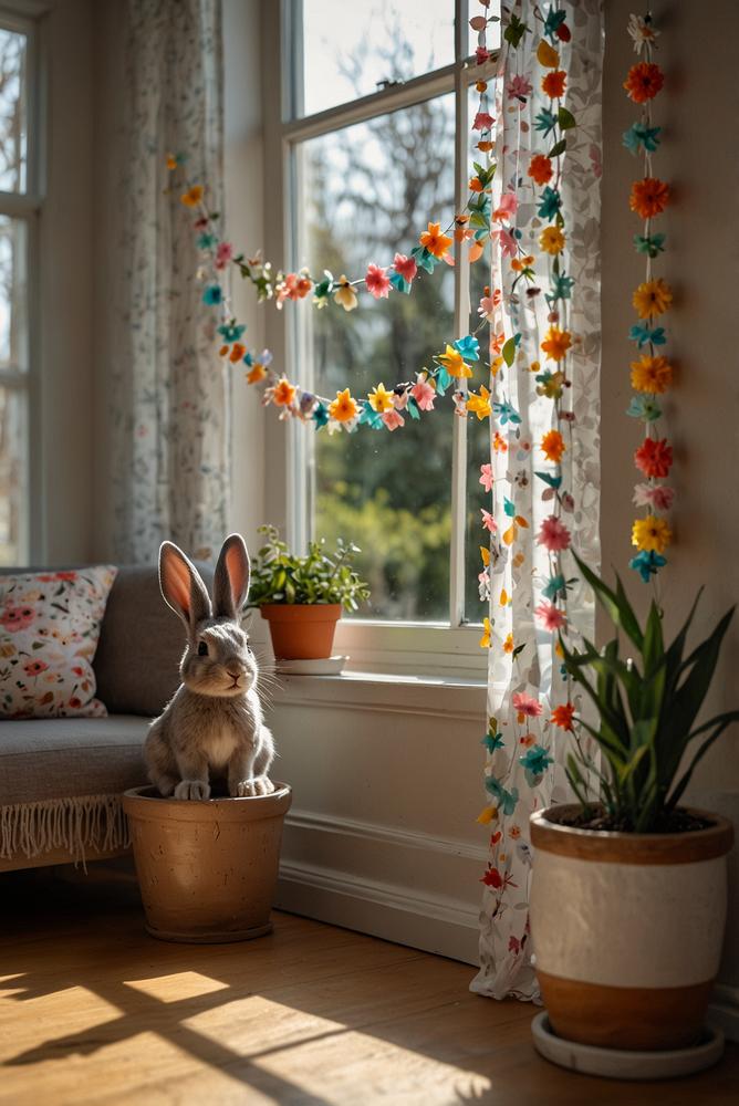 Oster-Girlanden aus Papier mit Lichterkette auf Fensterbank