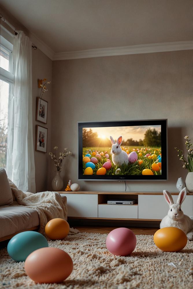 Osterkino mit Projektor im Wohnzimmer hell und einladend