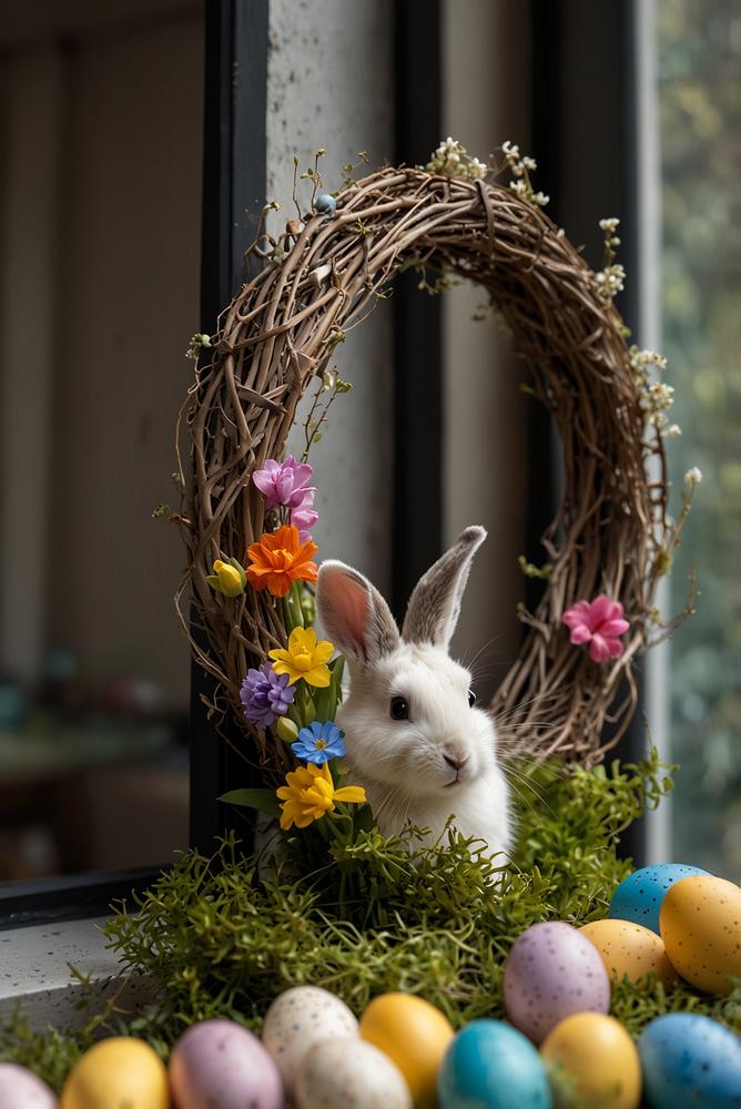 Heller Osterkranz an Balkontür mit Frühlingsblumen und Deko