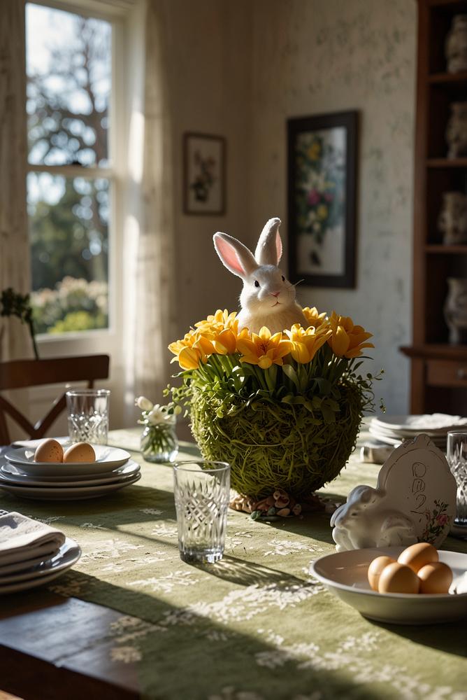 Helle Oster-Tischdeko mit Serviettenkunst und Eierplatzkarten