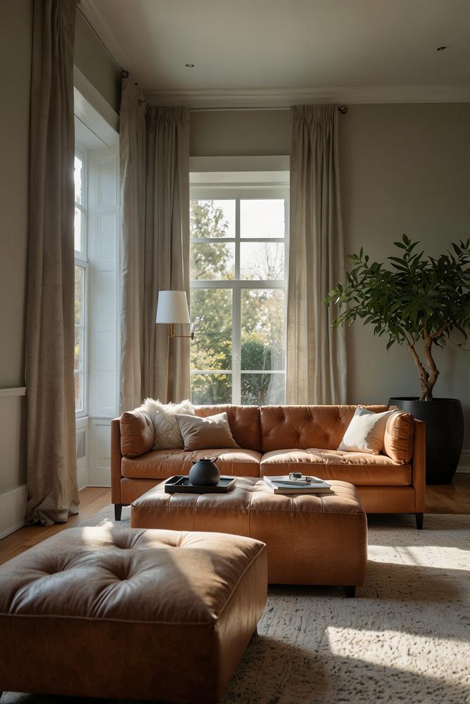 Helle Ottomane vor Sofa im modernen Wohnzimmer