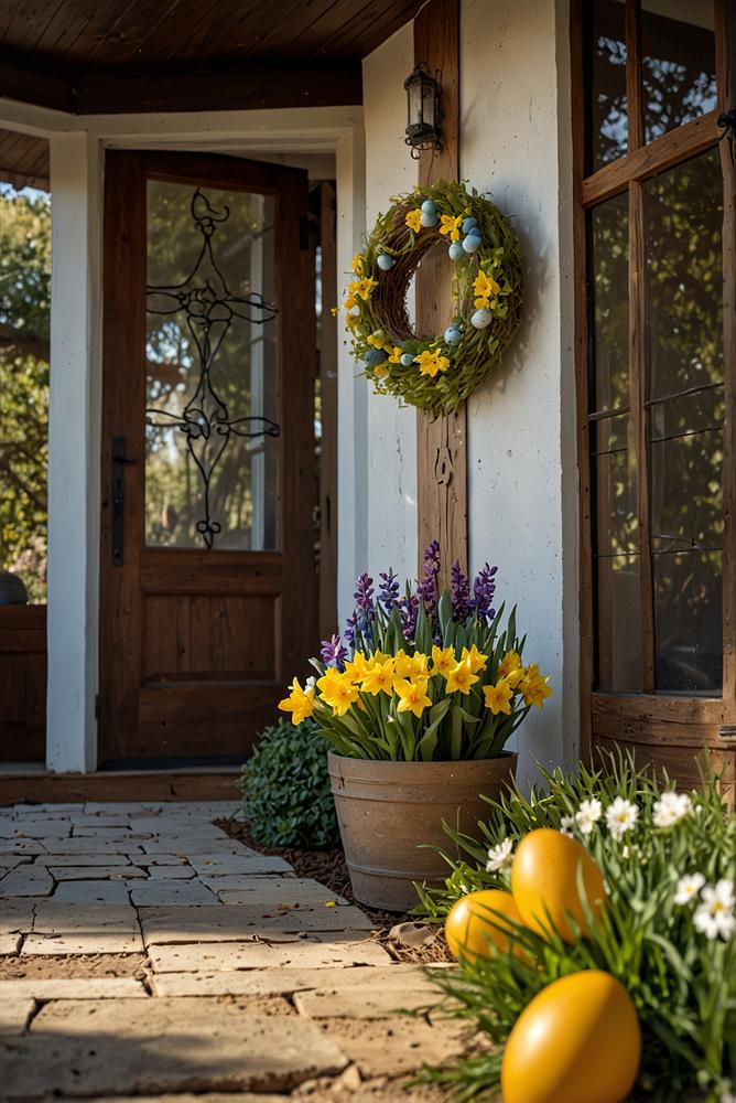 Helle Outdoor-Osterdeko mit Kranz am Eingangsbereich
