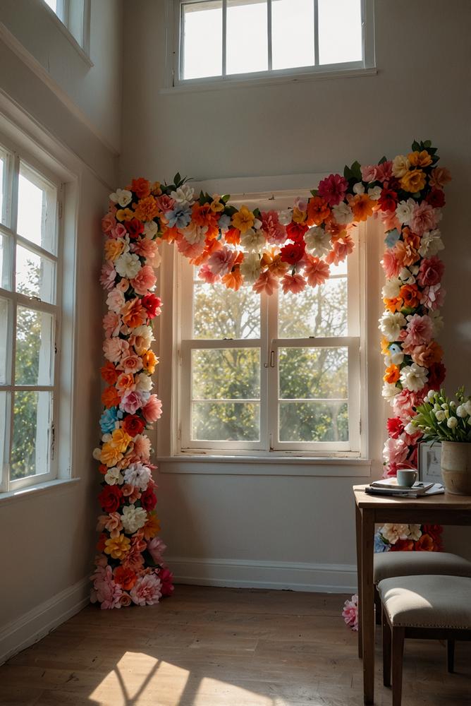 Papierblumen-Girlande im Fenster, helle Frühlingsdeko